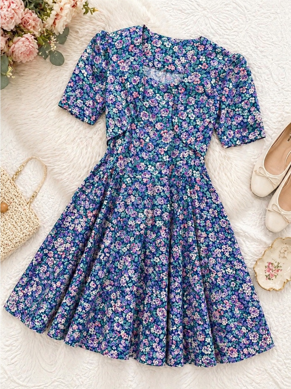 Glenfrey 90s Blue Floral Prairie Vintage Midi Cottagecore Puff Sleeve Dress 13 - Picture 14 of 14